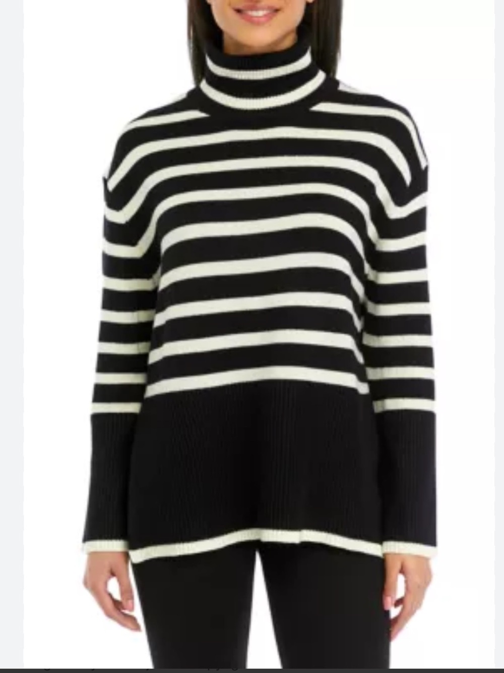 Moon River Black and White Striped Turtleneck Sweater